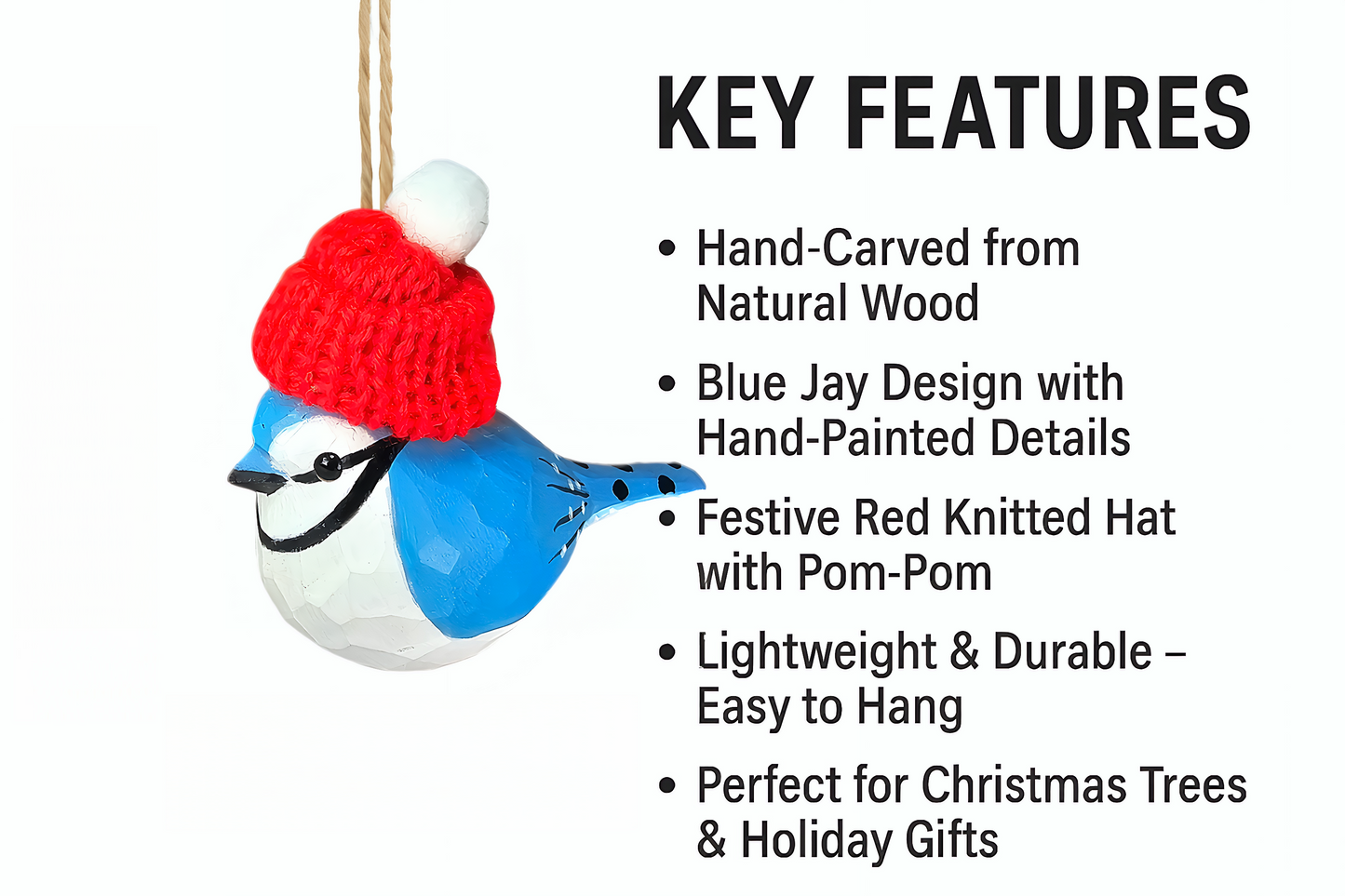 Blue Jay with Red Knit Hat – Wooden Ornament, Gift Box Included