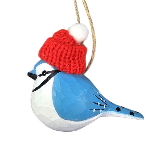 Blue Jay with Red Knit Hat – Wooden Ornament, Gift Box Included