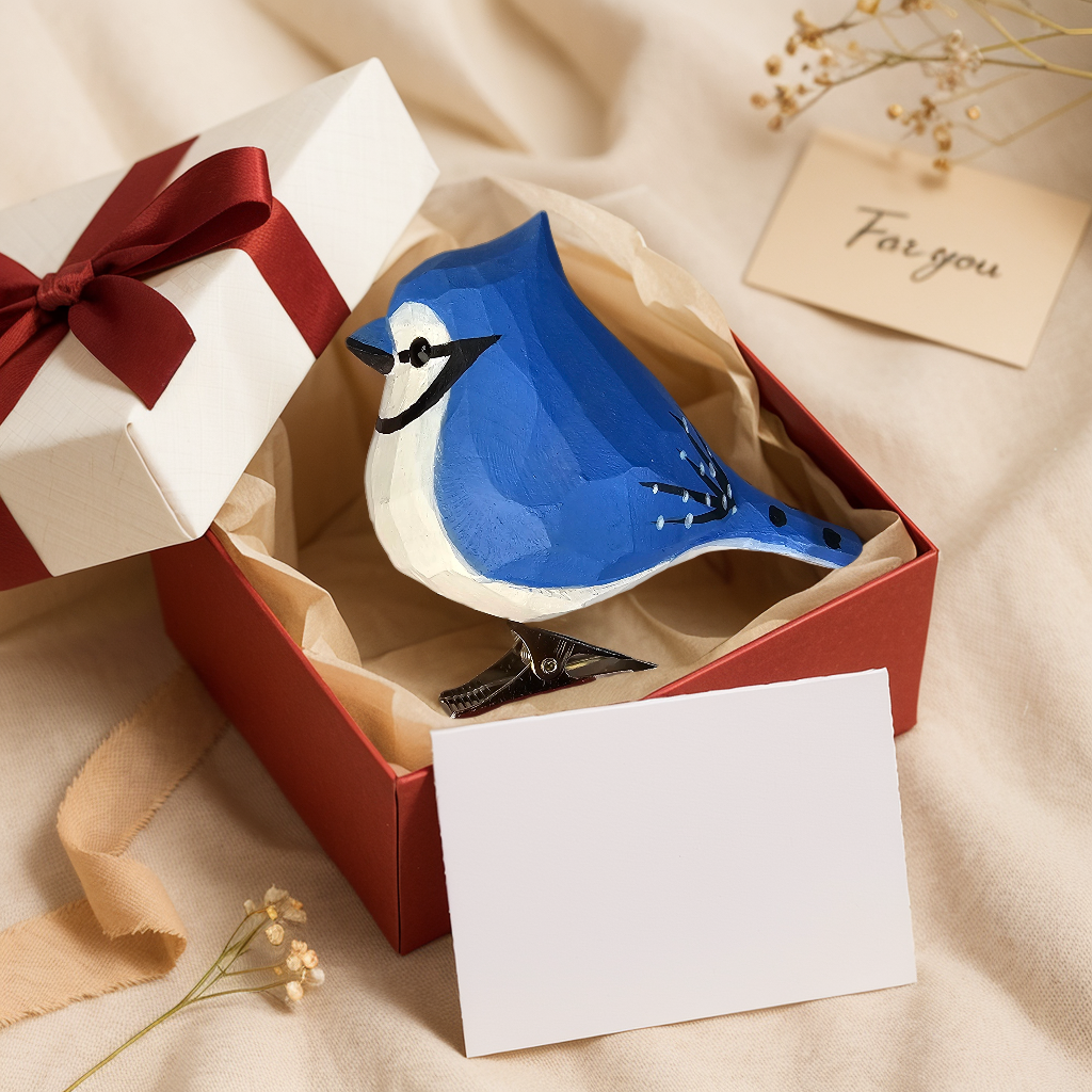 Blue Jay Clip‑On Wooden Ornament - Gift Box Included