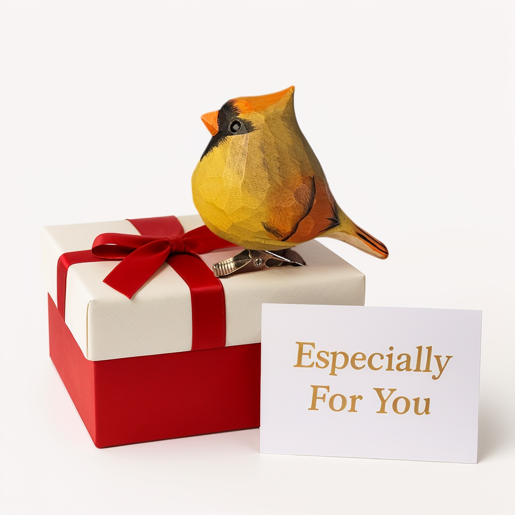 Female Cardinal Clip‑On Wooden Ornament - Gift Box Included