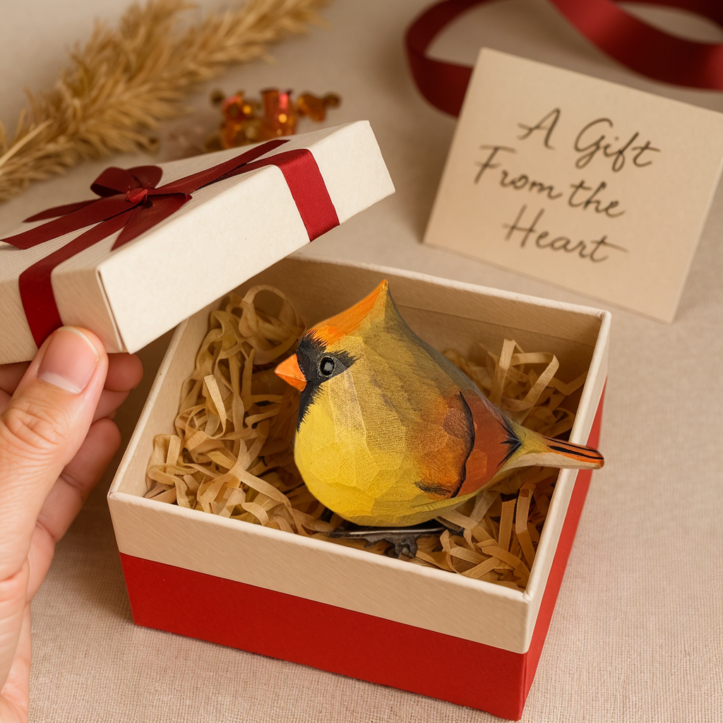 Female Cardinal Clip‑On Wooden Ornament - Gift Box Included