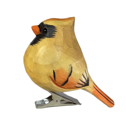 Female Cardinal Clip‑On Wooden Ornament - Gift Box Included