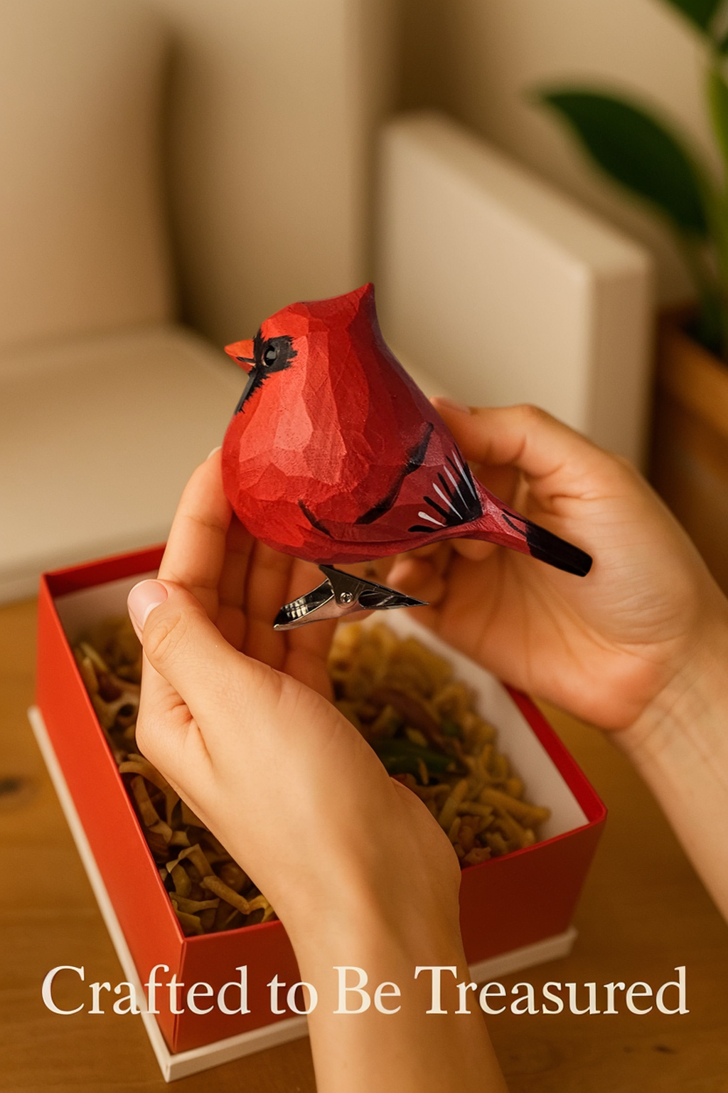 Cardinal Clip‑On Wooden Ornament (Male) - Gift Box Included