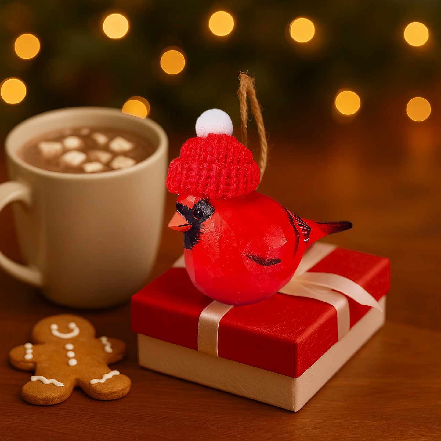 Cardinal with Red Knit Hat – Wooden Ornament, Gift Box Included