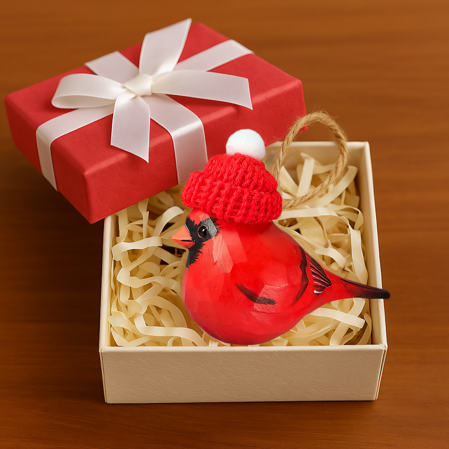 Cardinal with Red Knit Hat – Wooden Ornament, Gift Box Included