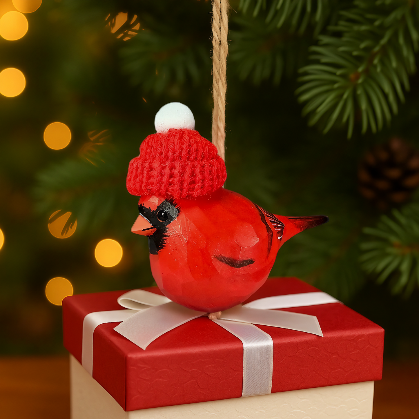 Cardinal with Red Knit Hat – Wooden Ornament, Gift Box Included
