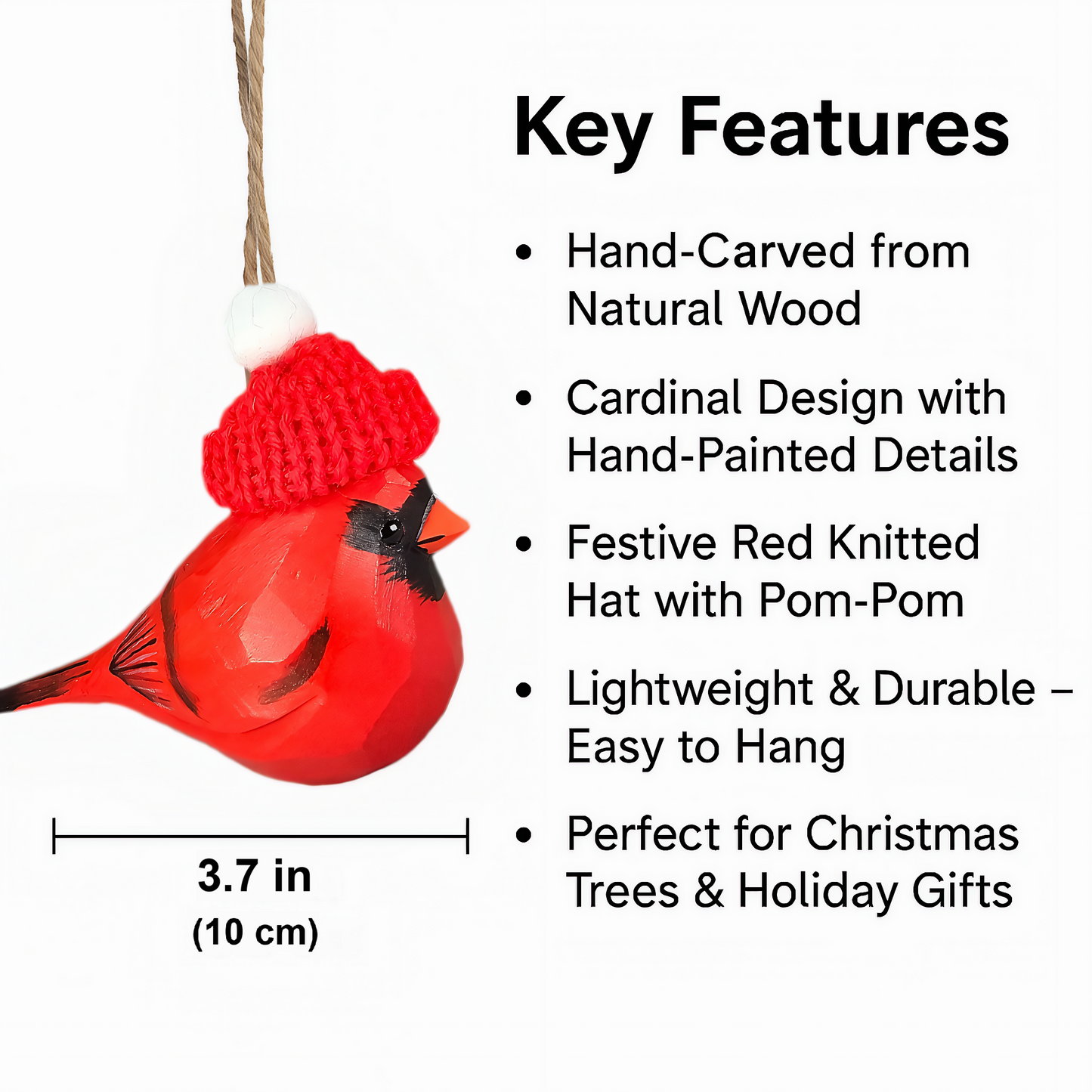 Cardinal with Red Knit Hat – Wooden Ornament, Gift Box Included