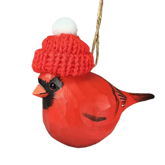 Cardinal with Red Knit Hat – Wooden Ornament, Gift Box Included