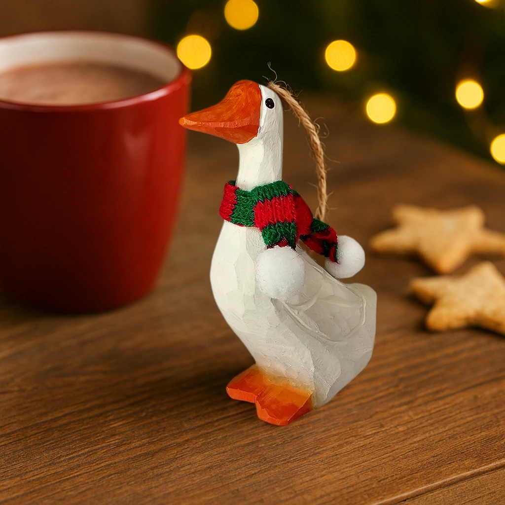 Goose Christmas Wooden Ornament with Mini Knit Scarf – Hanging, Gift Box Included