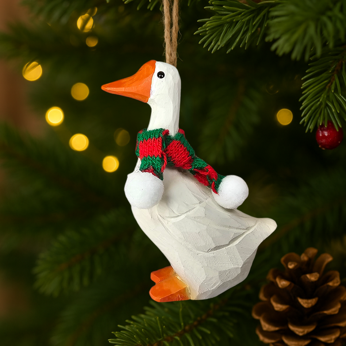 Goose Christmas Wooden Ornament with Mini Knit Scarf – Hanging, Gift Box Included
