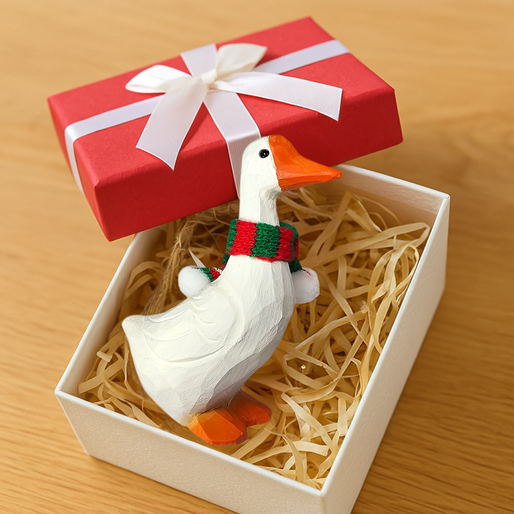 Goose Christmas Wooden Ornament with Mini Knit Scarf – Hanging, Gift Box Included