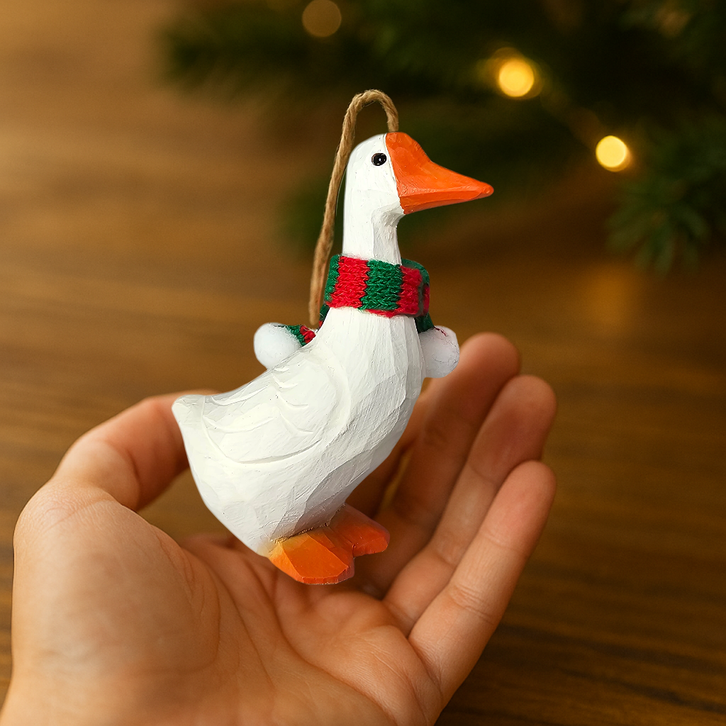 Goose Christmas Wooden Ornament with Mini Knit Scarf – Hanging, Gift Box Included