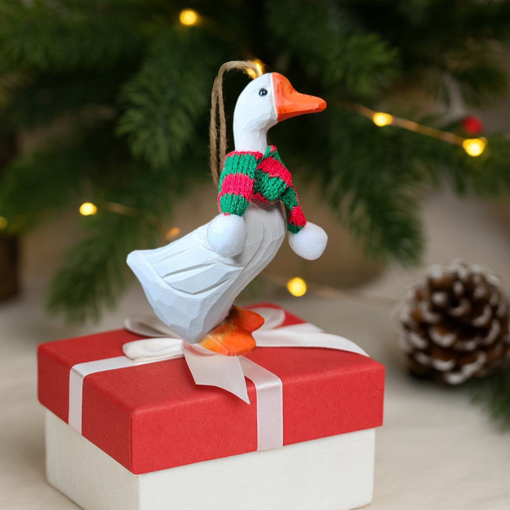 Goose Christmas Wooden Ornament with Mini Knit Scarf – Hanging, Gift Box Included