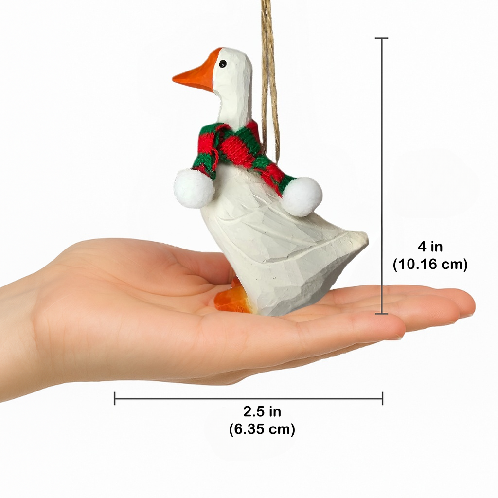 Goose Christmas Wooden Ornament with Mini Knit Scarf – Hanging, Gift Box Included