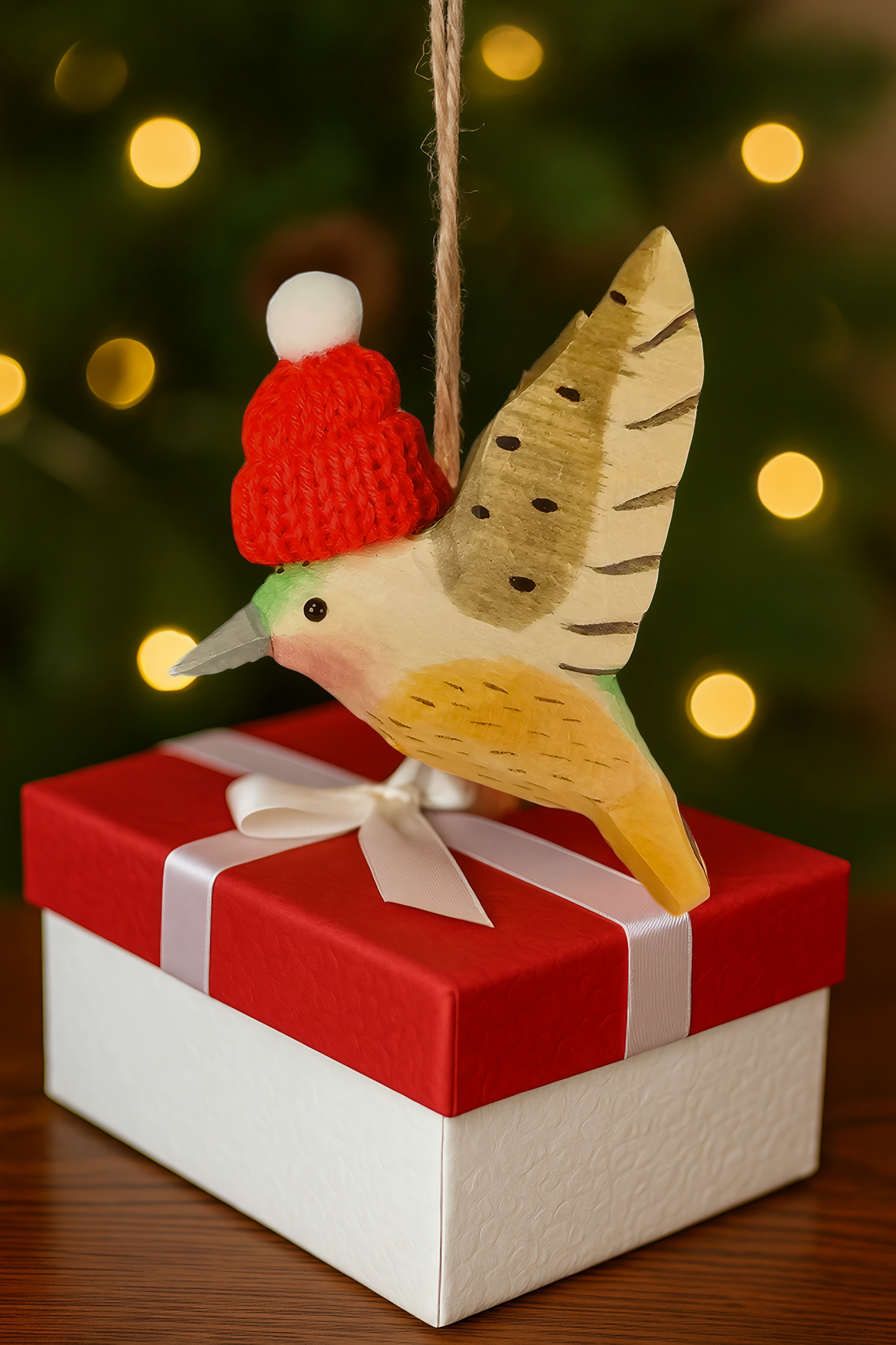 Hummingbird with Red Knit Hat – Wooden Ornament, Gift Box Included