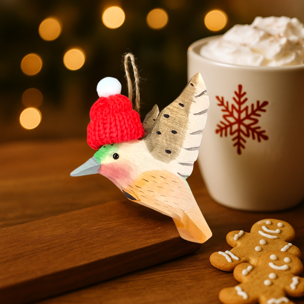 Hummingbird with Red Knit Hat – Wooden Ornament, Gift Box Included