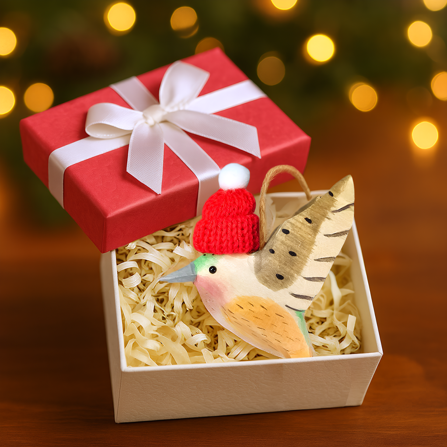 Hummingbird with Red Knit Hat – Wooden Ornament, Gift Box Included