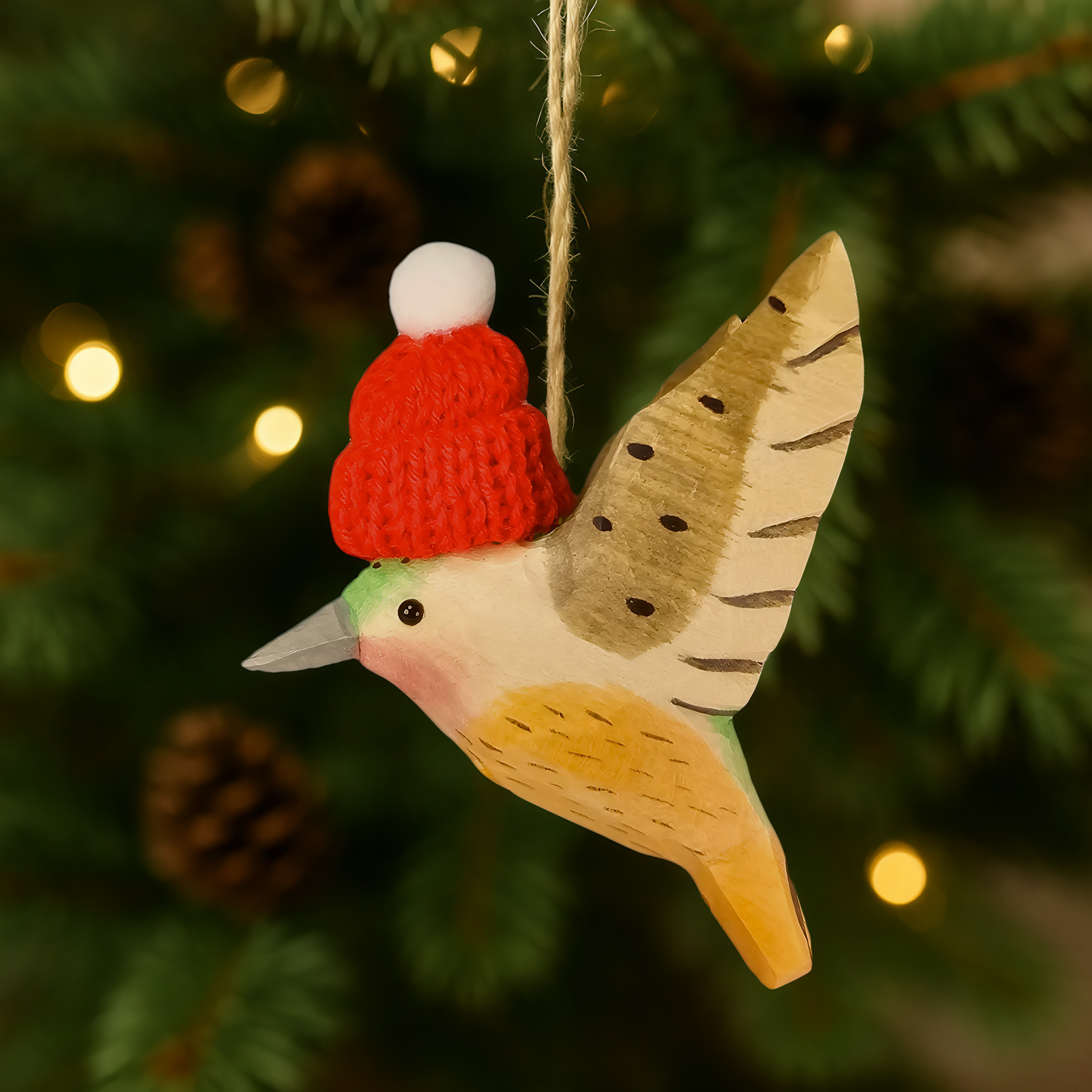 Hummingbird with Red Knit Hat – Wooden Ornament, Gift Box Included