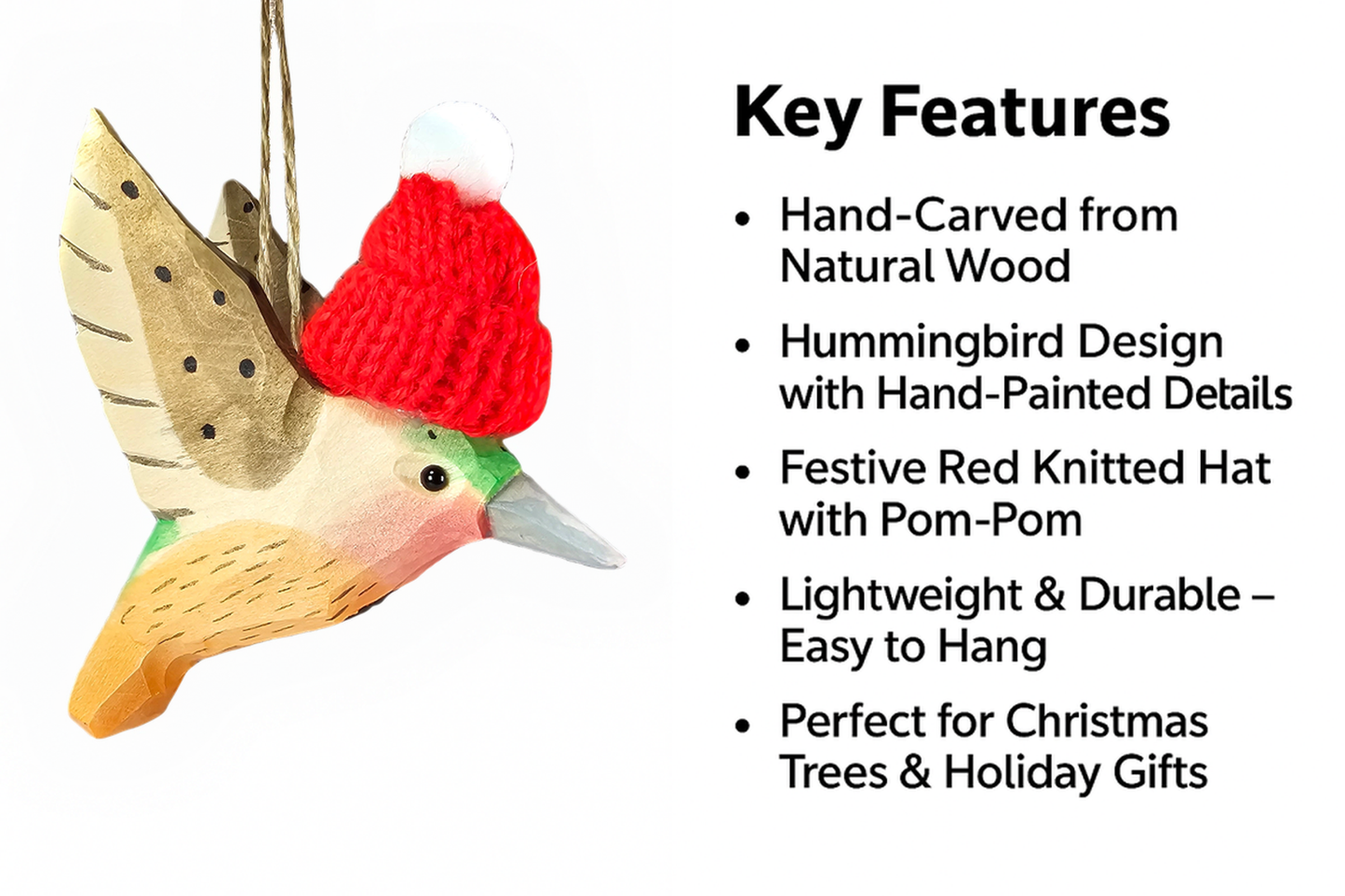 Hummingbird with Red Knit Hat – Wooden Ornament, Gift Box Included
