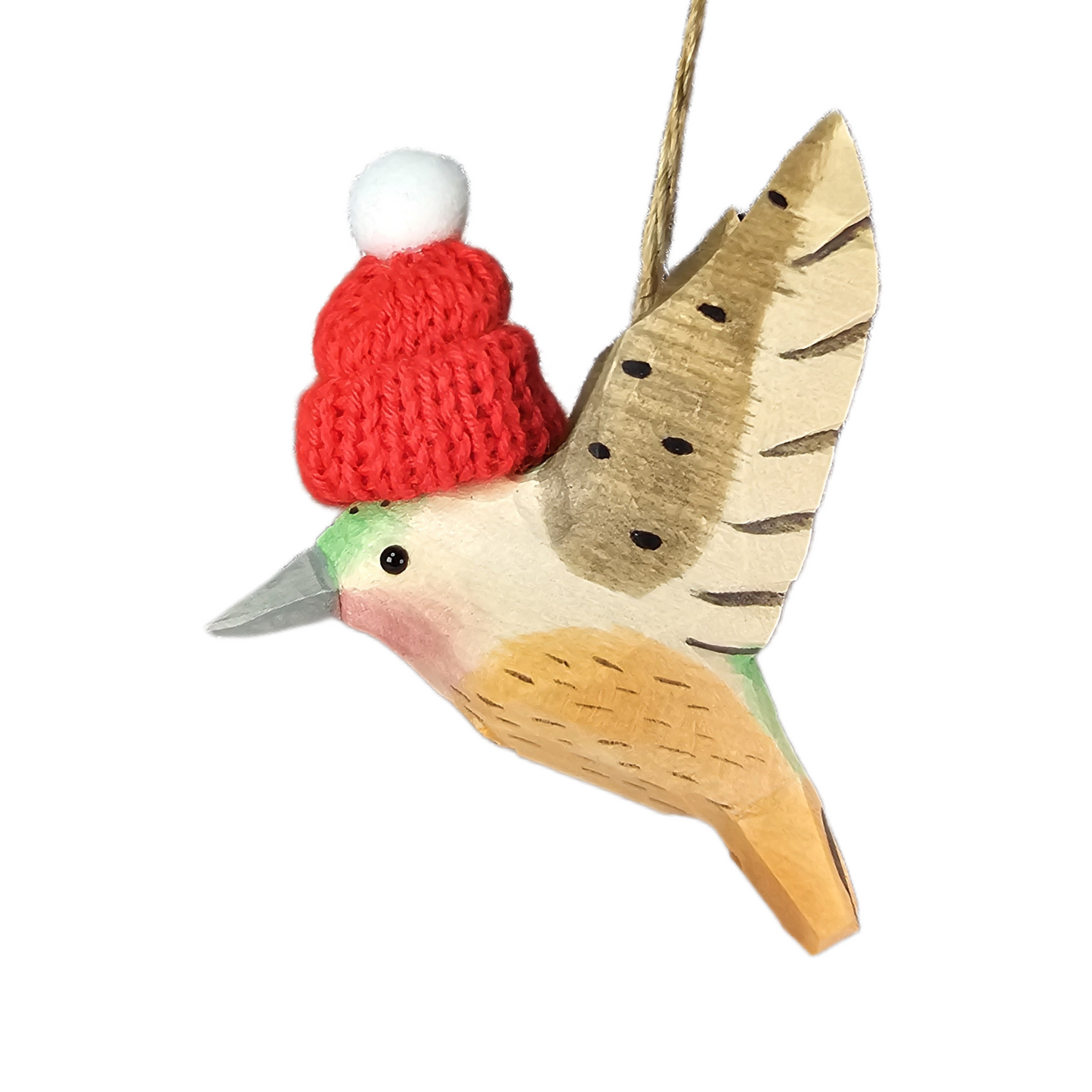 Hummingbird with Red Knit Hat – Wooden Ornament, Gift Box Included