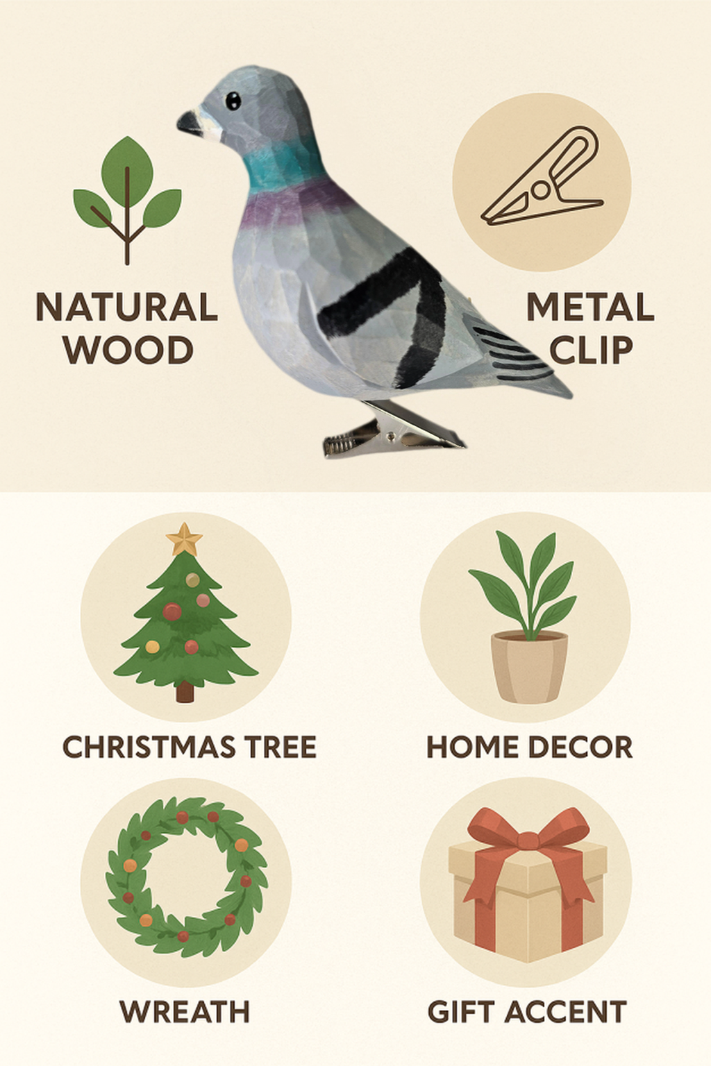 Pigeon Clip‑On Wooden Ornament – Gift Box Included
