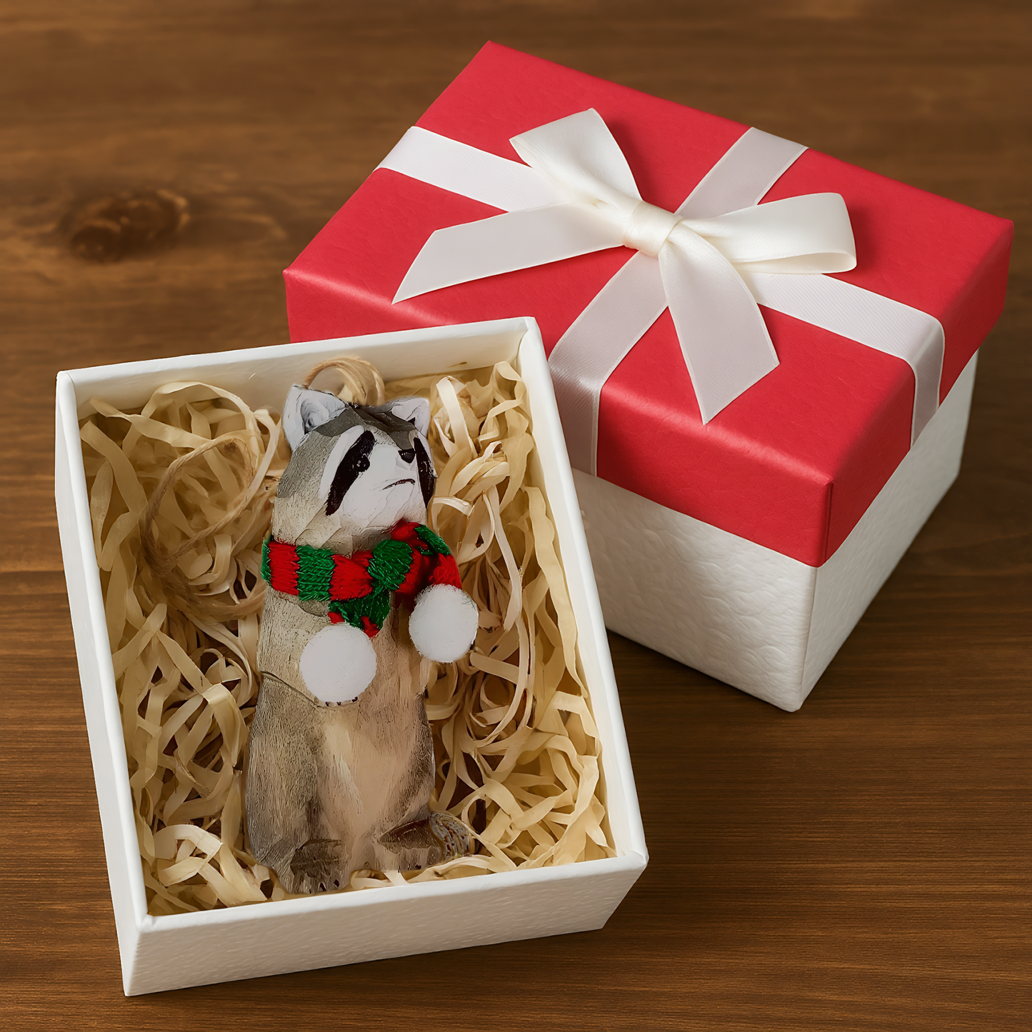 Raccoon Christmas Tree Wooden Ornament – Gift Box Included