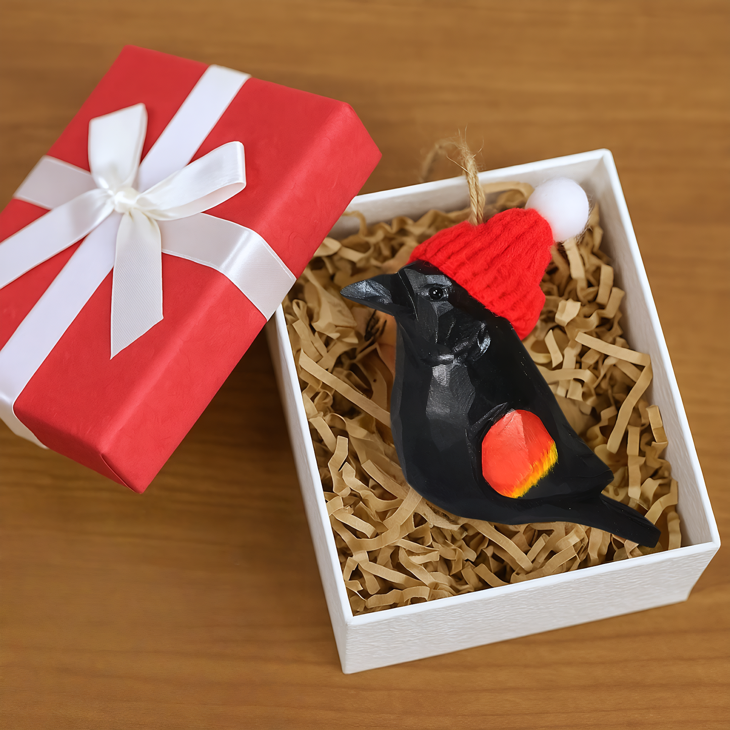 Red‑Winged Blackbird Christmas Ornament with Red Knit Hat – Gift Box Included