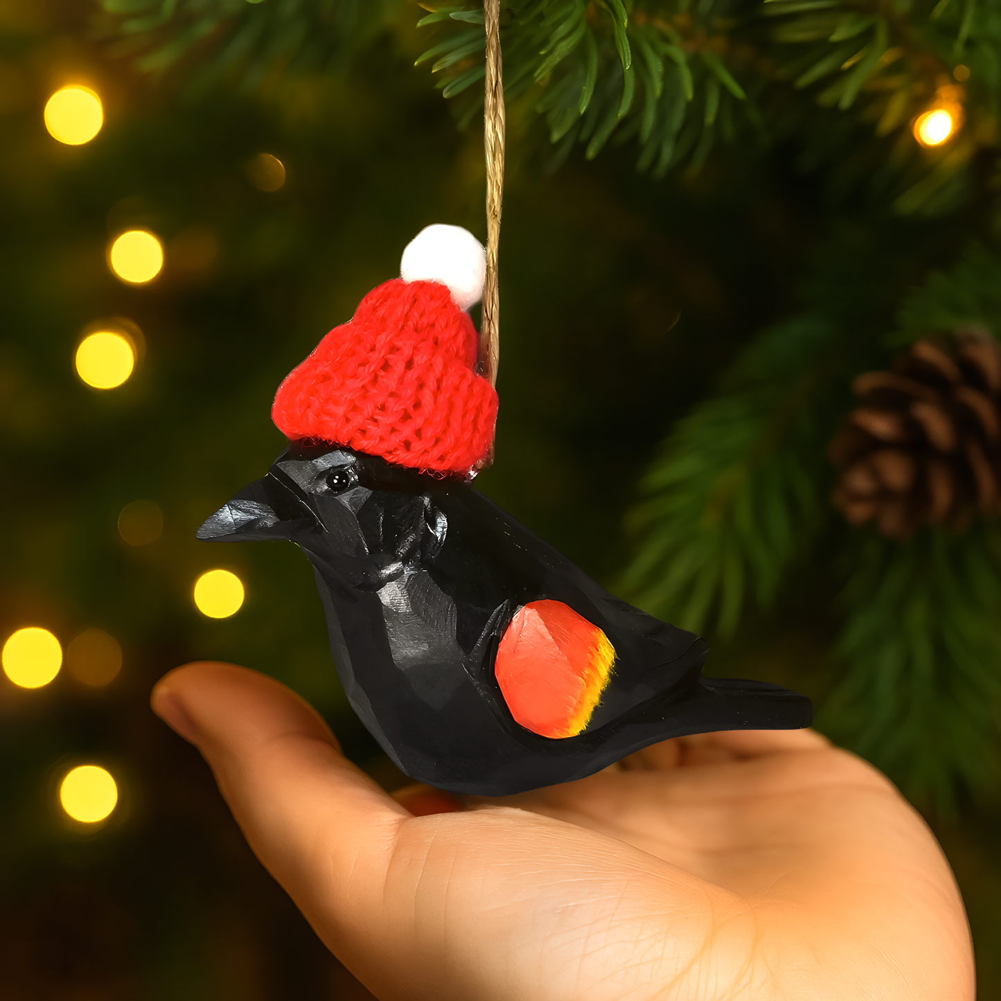 Red‑Winged Blackbird Christmas Ornament with Red Knit Hat – Gift Box Included