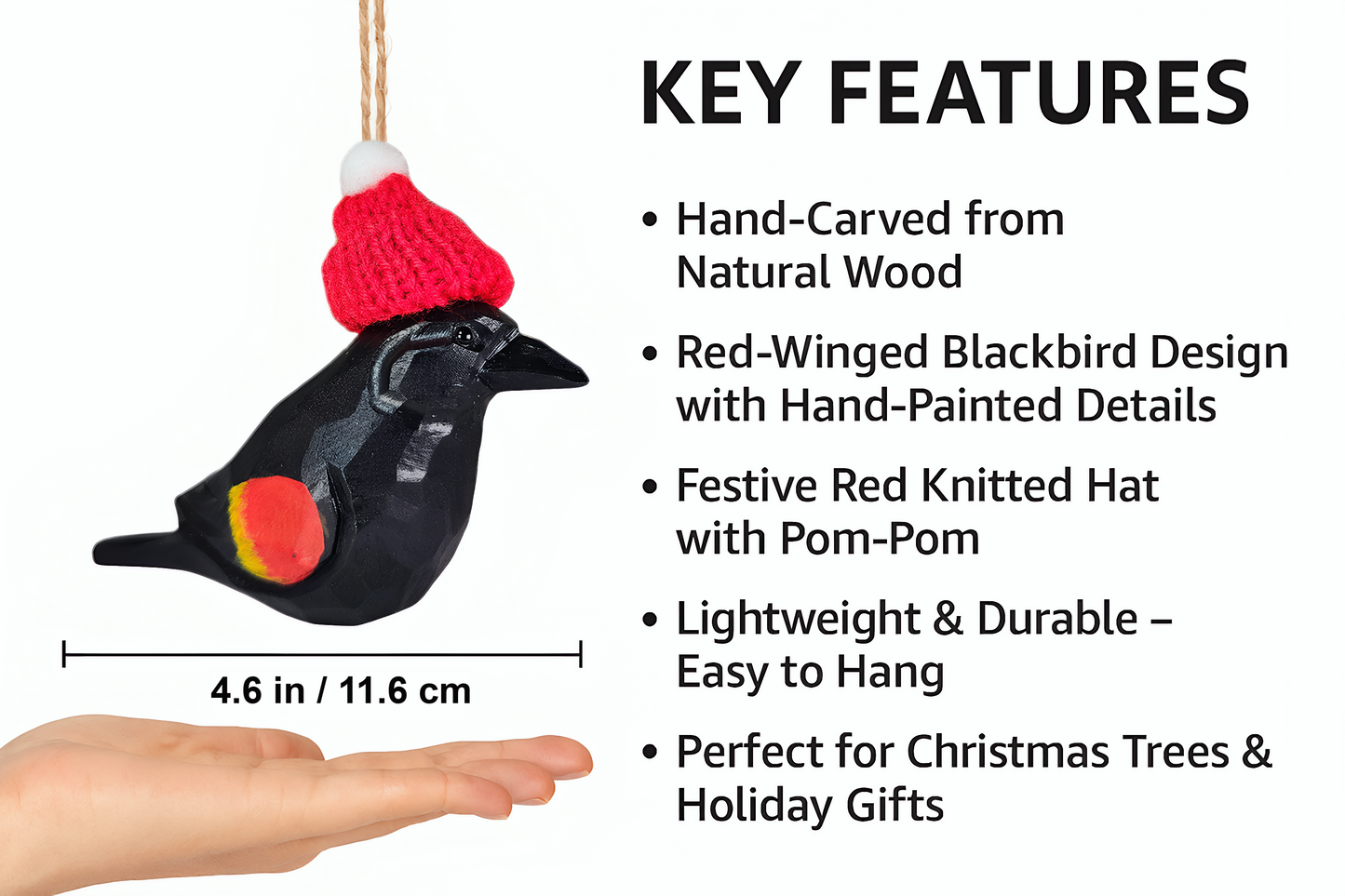 Red‑Winged Blackbird Christmas Ornament with Red Knit Hat – Gift Box Included
