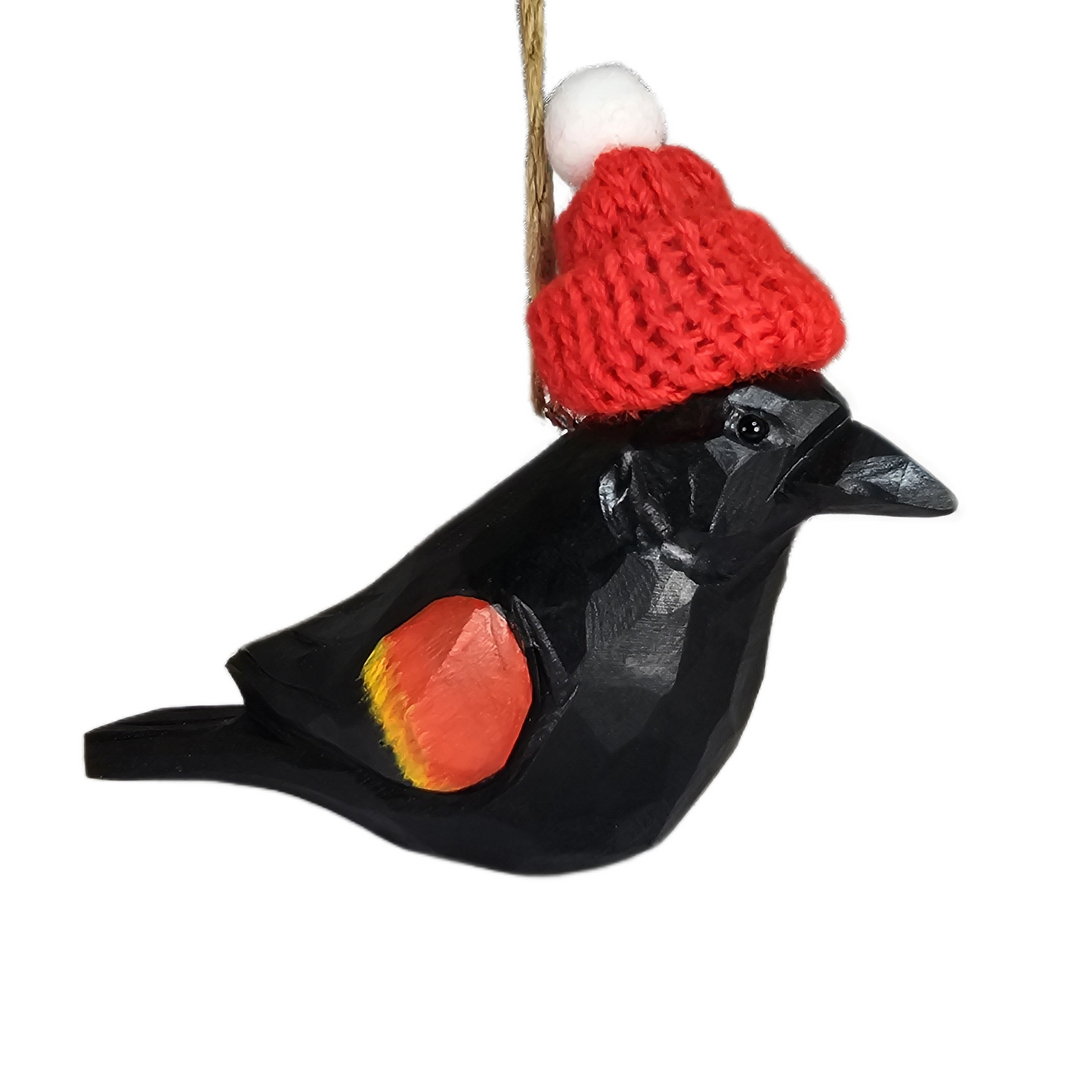 Red‑Winged Blackbird Christmas Ornament with Red Knit Hat – Gift Box Included