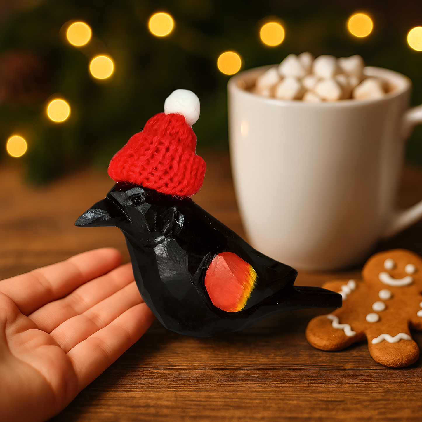 Red‑Winged Blackbird Christmas Ornament with Red Knit Hat – Gift Box Included